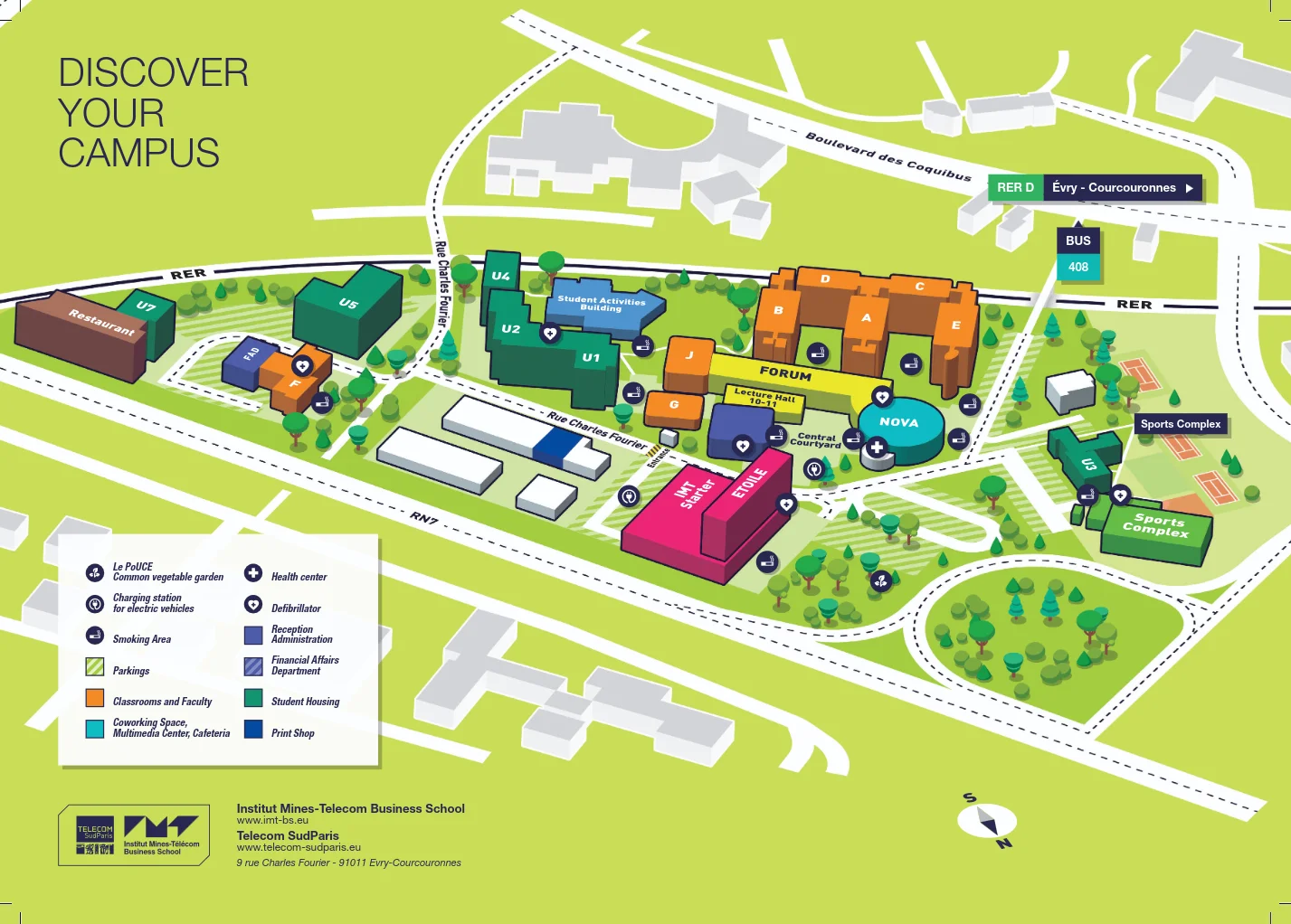 Plan of the Évry campus showing schools, residences, and facilities