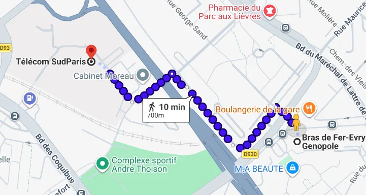 Walking route from Le Bras de Fer station to campus