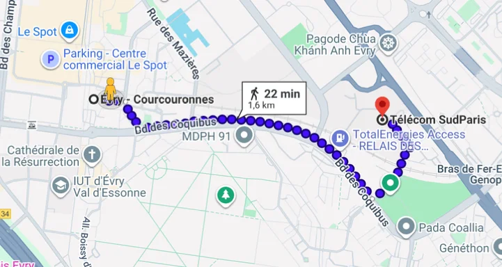 Walking route from Évry-Courcouronnes station to campus